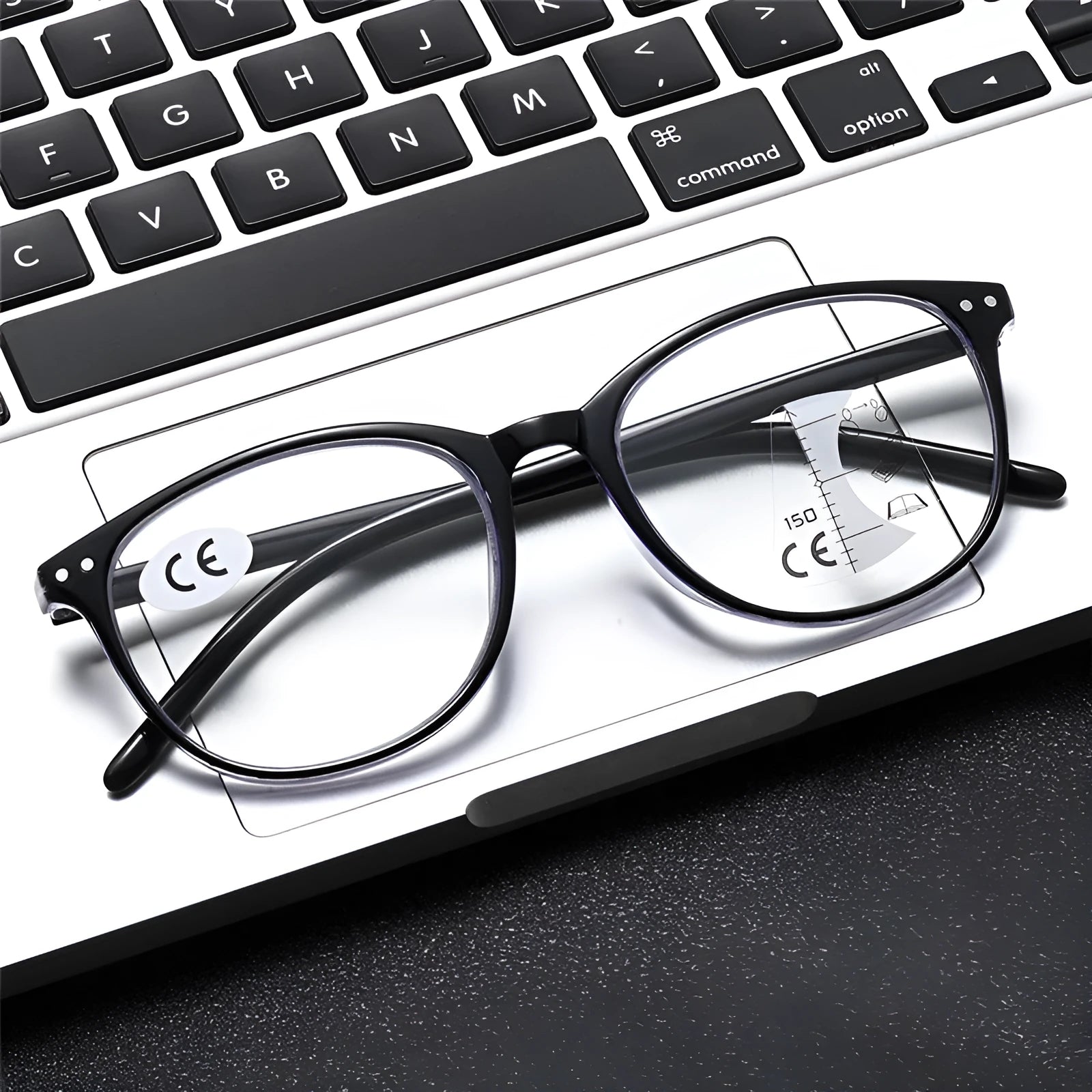 Woman wearing ultra-light multi-focus reading glasses in a Champagne Box frame colour, suitable for presbyopic vision correction.