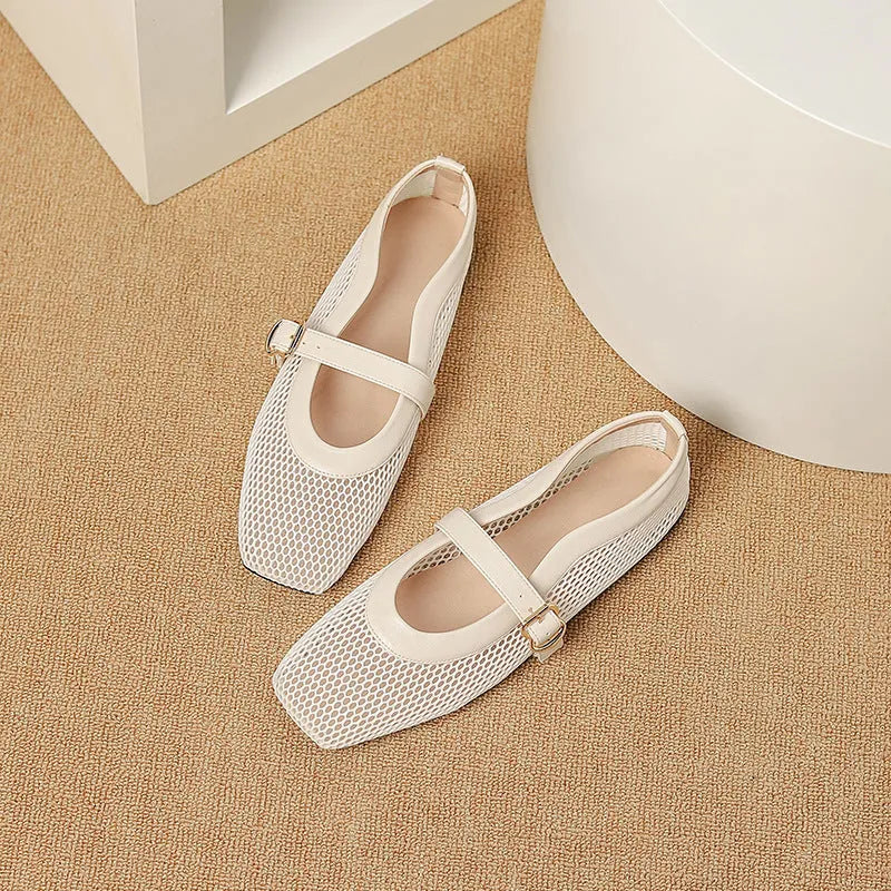 Women's mesh breathable summer shoes with buckle fastening and flat low heel