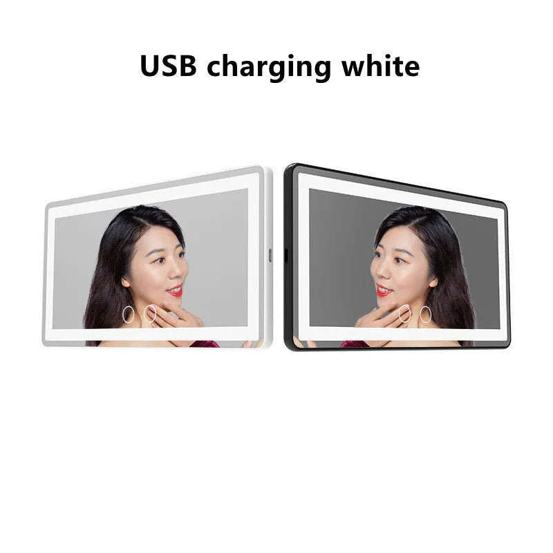 Car LED makeup mirror with three-color light, ABS frame, silver mirror, white finish