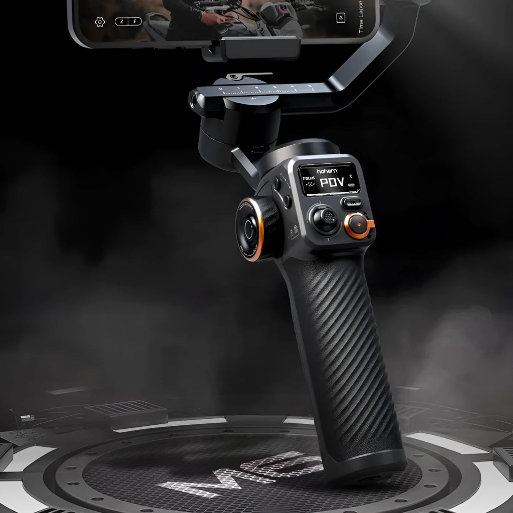 Black AI face fill light three-axis stabiliser with smartphone attached and magnetic fill light