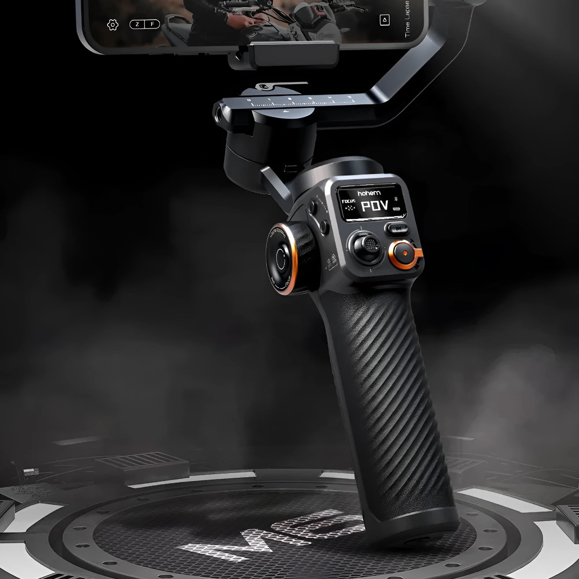 Black AI face fill light three-axis stabiliser with smartphone attached and magnetic fill light