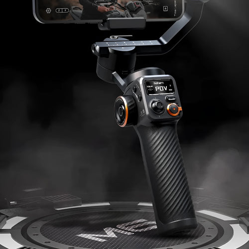 Black AI face fill light three-axis stabiliser with smartphone attached and magnetic fill light