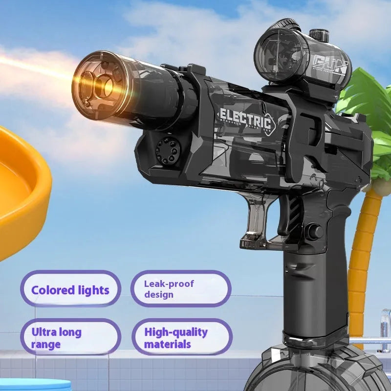 Fire Rat electric water pistol toy with LED lights showing water spray demonstration