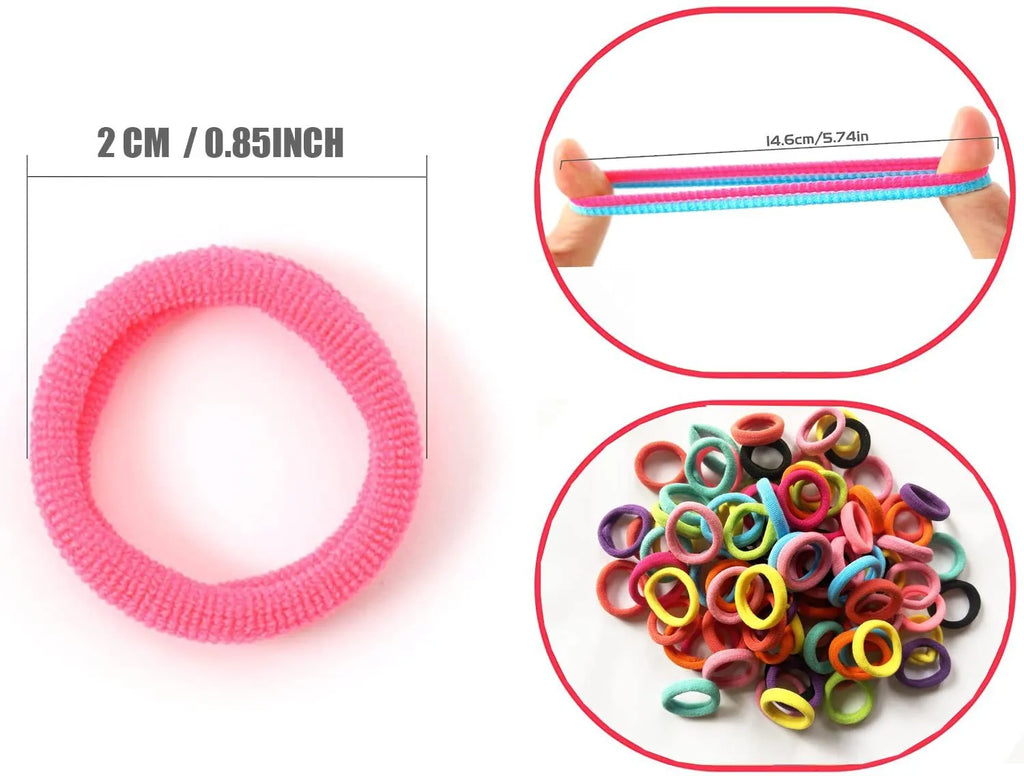 100 multicoloured seamless cotton baby hair ties in a jar, showing soft fabric and small 0.85-inch size.