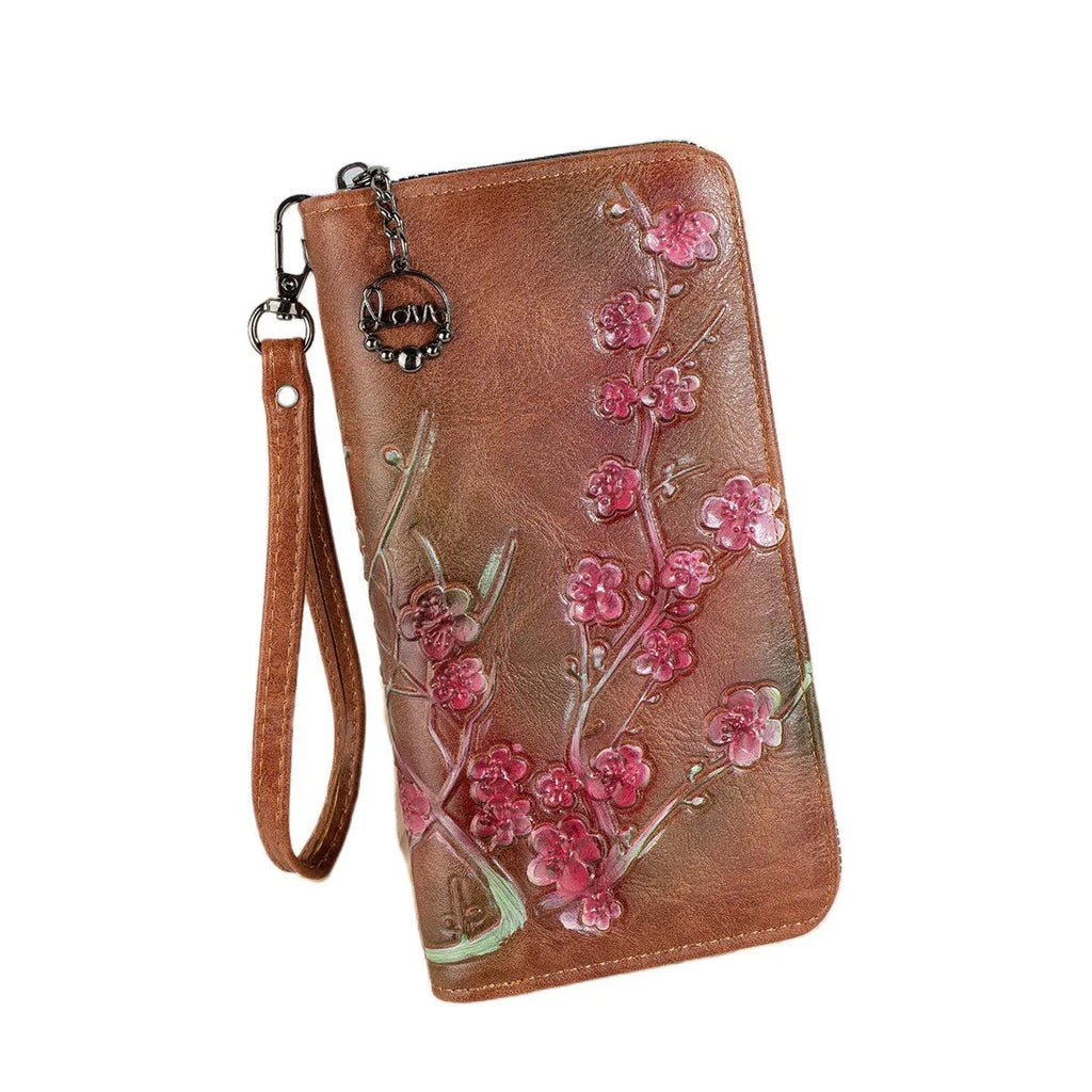 Embossed floral pattern Chinese style zipper handbag in polyurethane with three colour options