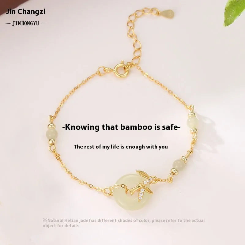 Women's antique-style Hetian Jade bracelet with 925 silver safety buckle in gold or silver colour options