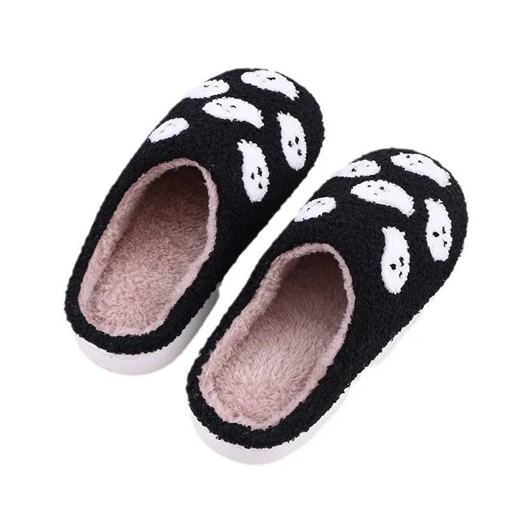 Halloween flat indoor slippers with non-slip sole, artificial plush upper, featuring spider ghost pattern