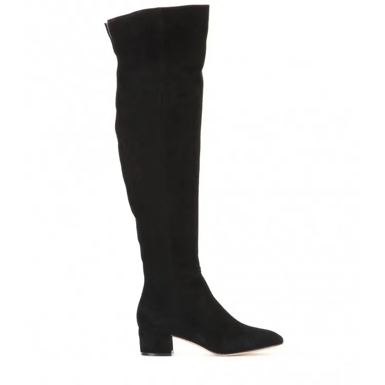 Grey suede women's flat over-the-knee boots with pointed toe and low thick heel.