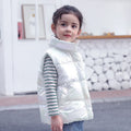 Children's down cotton vest in multicolor, with front closure, on a child, sizes 100-170cm