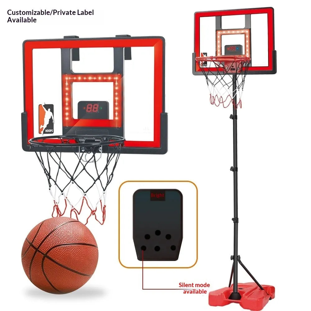 Mute Scoring Dunk Outdoor Folding Basketball Hoop with LED Backboard in red, height adjustable 152-180cm