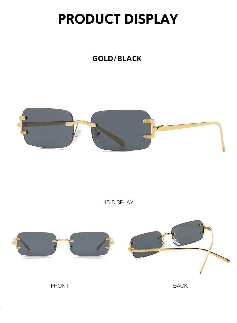 Retro square frameless sunglasses with gold metal frame and black/grey AC lenses