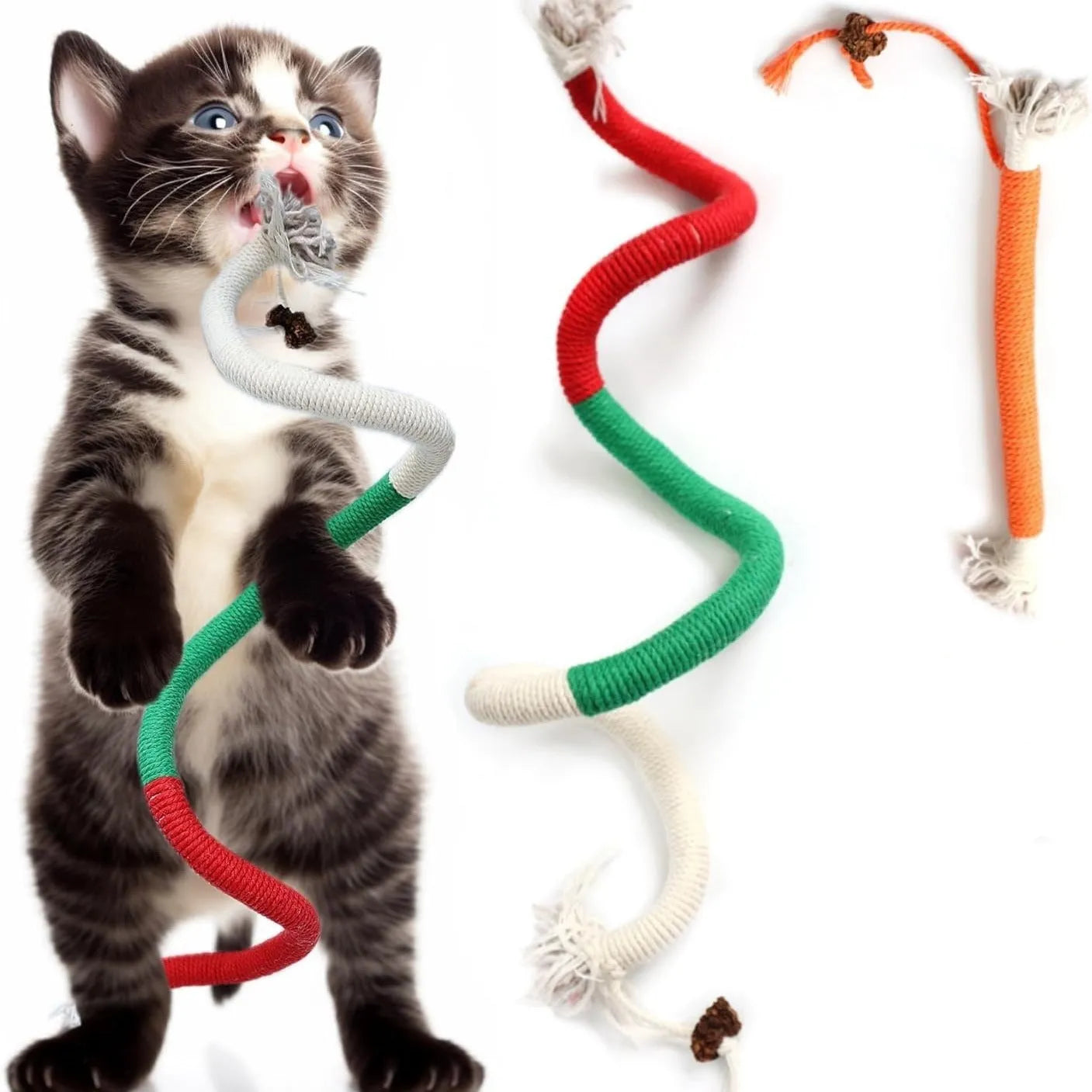 70cm long cat chew rope toy in three colours: purple, orange, and red with green, made from cotton string