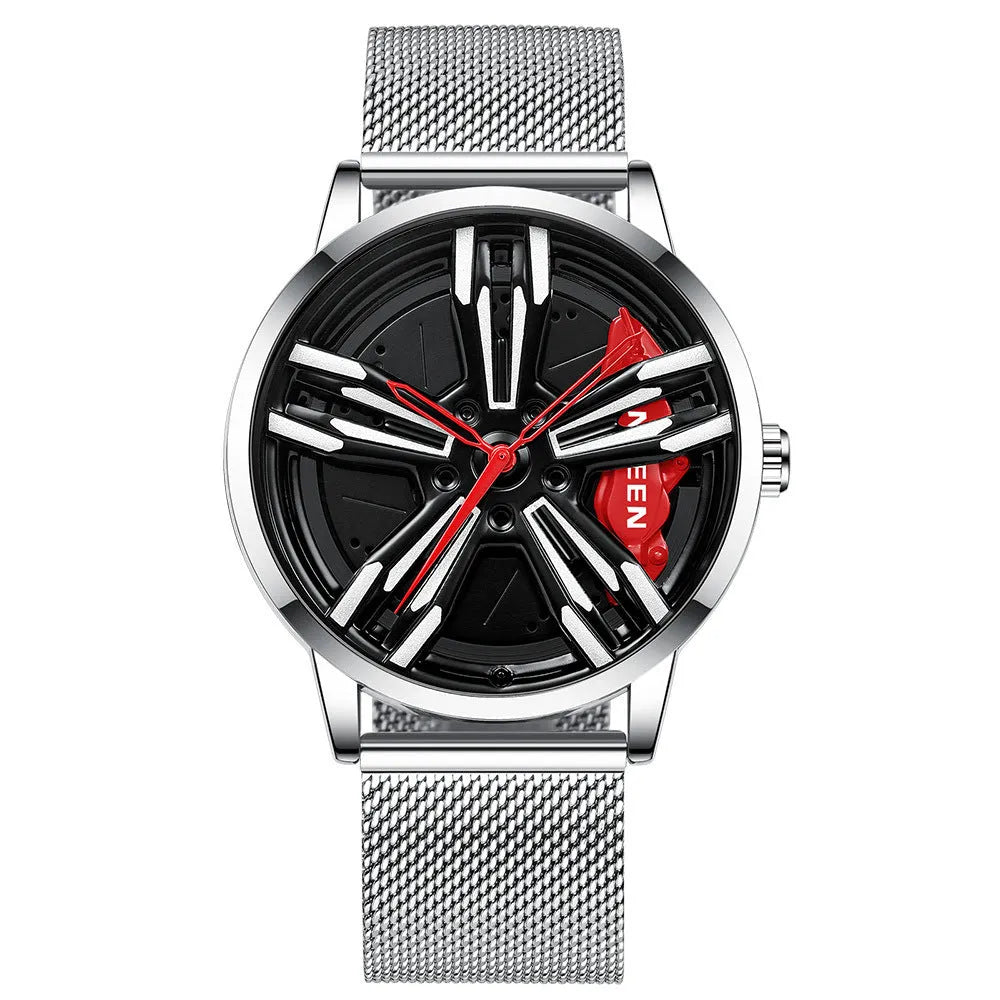 Locomotive men's quartz watch with hollow car wheel dial, black steel case, and white steel band on a wrist.