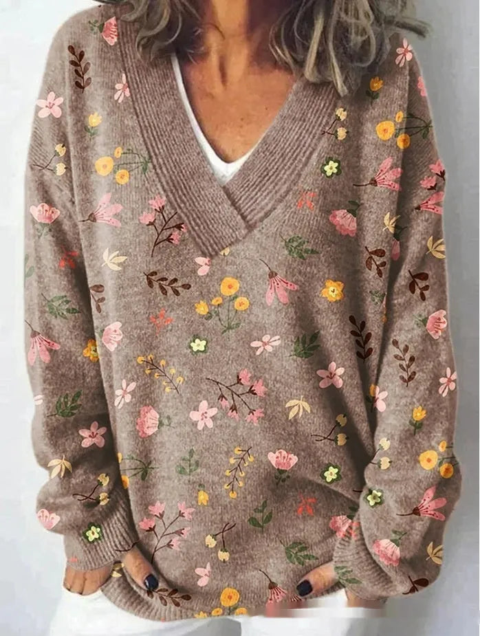 Women's art retro V-neck sweatshirt with a detailed 3D floral pattern print on long sleeves.