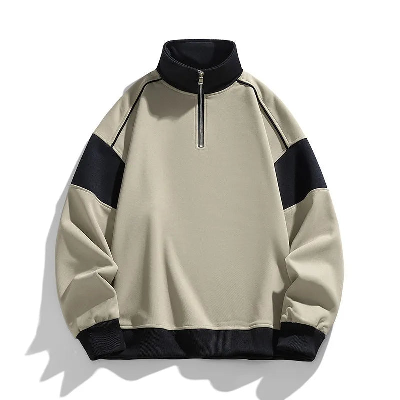 Men's hooded corduroy drop shoulder sweater in beige, showing loose lapels and relaxed fit.