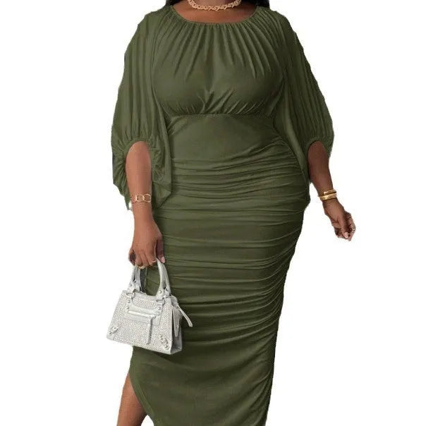 Army green solid colour round neck raglan sleeve shirred long dress on model, plus size 1XL-5XL