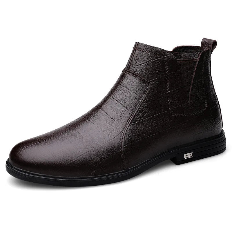 Men's casual leather boot black fleece lined first layer cowhide low heel winter