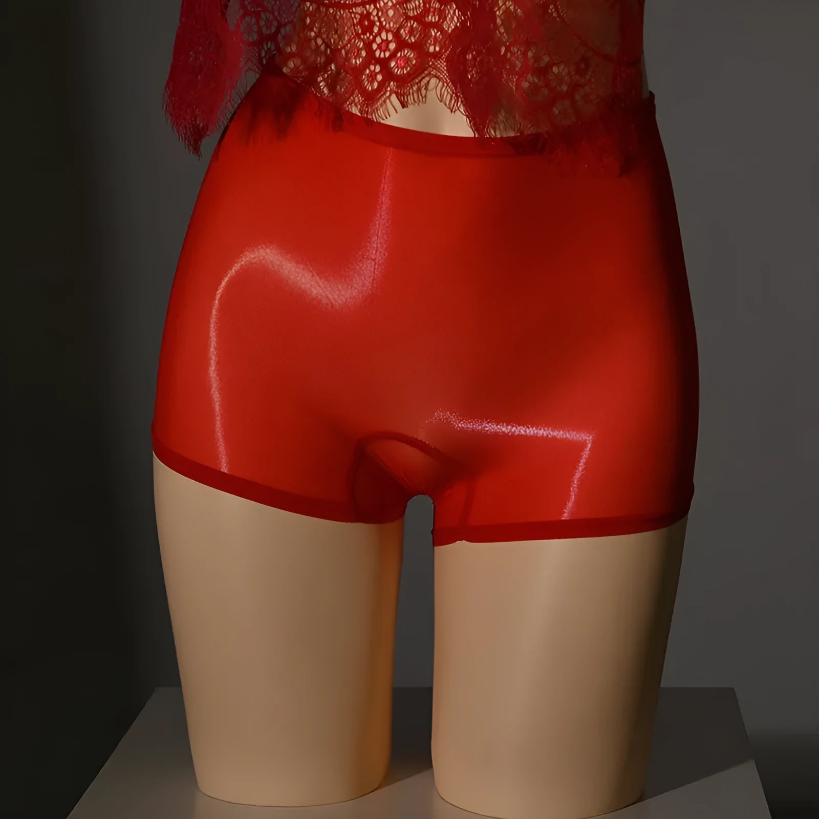 Men's seamless nylon underwear stockings in multiple colours including red, black, and fair skin tone.