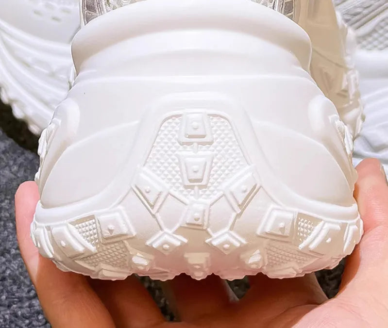 White women's lace-up dad shoes with height increasing insole system and round toe