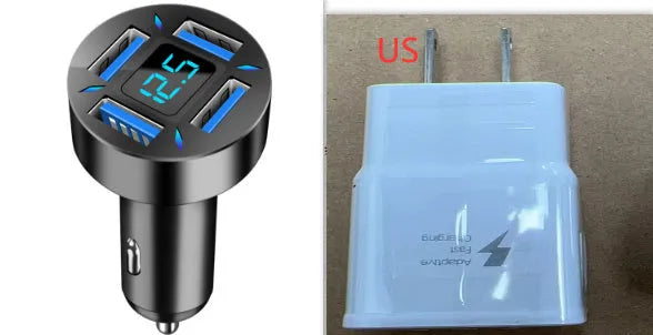 Black four-port USB car charger with LED digital display showing charging status