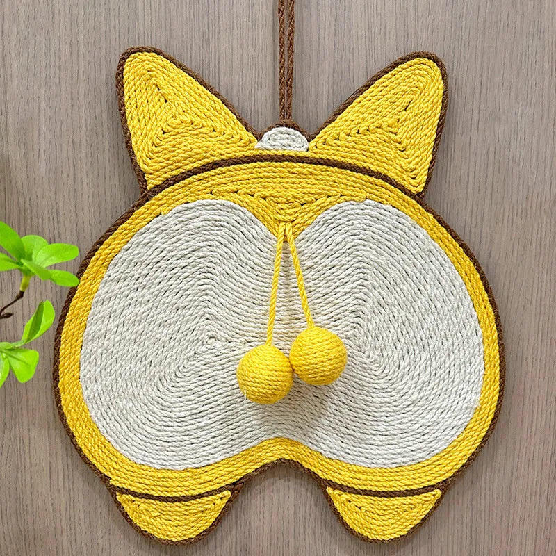 Yellow cat scratching pad with Corgi dog butt design, made from natural sisal with anti-slip base.