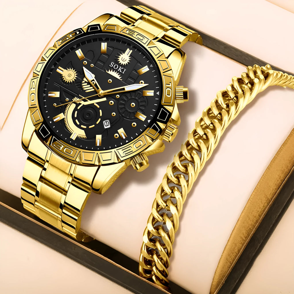 Gold men's stainless steel business quartz watch with calendar on wrist.