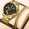 Gold men's stainless steel business quartz watch with calendar on wrist.