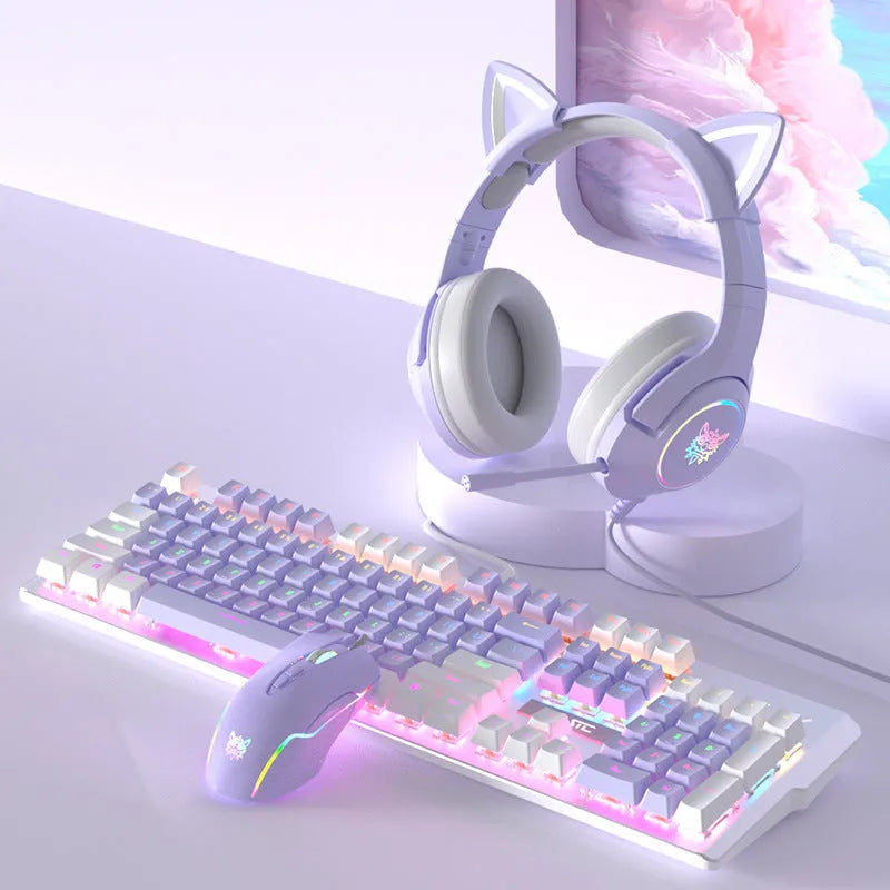 White and purple mechanical keyboard and mouse wired combo set with backlight illumination