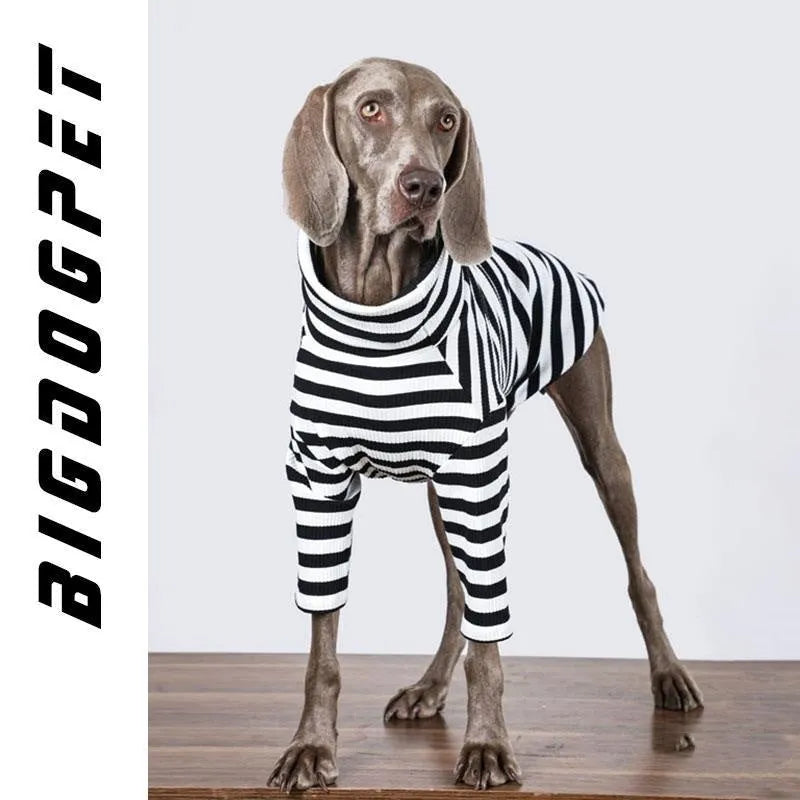 Black and white polyester dog clothing for large breeds with thin inner fabric shown in multiple size options