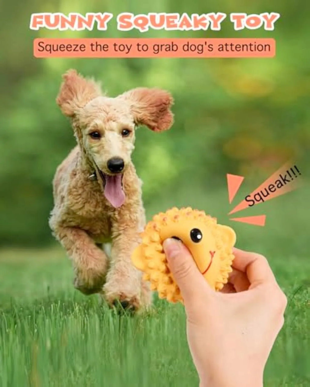 Orange and yellow squeaky latex dog toy with elastic spikes for teeth cleaning