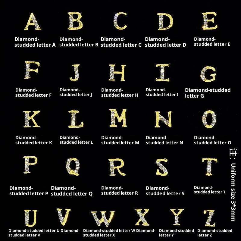 Gold alloy letter A nail ornament charm with crystal detail on a square chain base