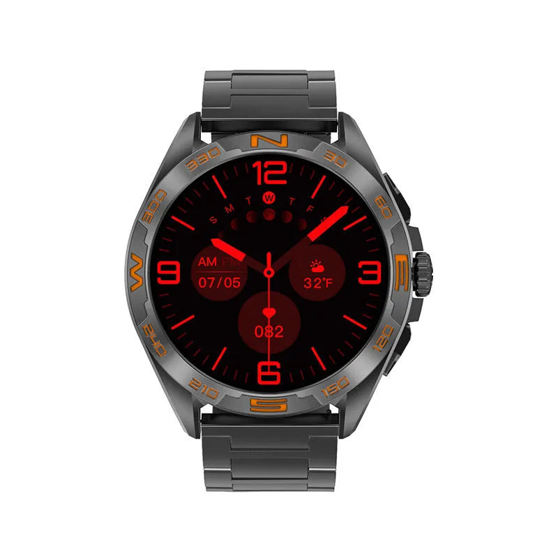 Smart watch with health monitoring display showing blood pressure, heart rate and WhatsApp message reply function