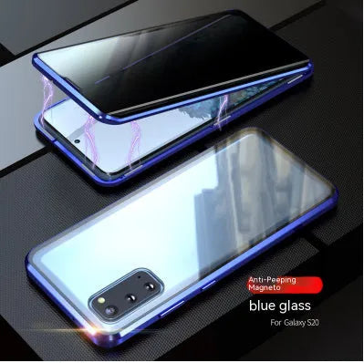 Samsung S23 Ultra anti-peep magnetic phone case with double-sided glass, mirror finish, and metal frame in gold colour