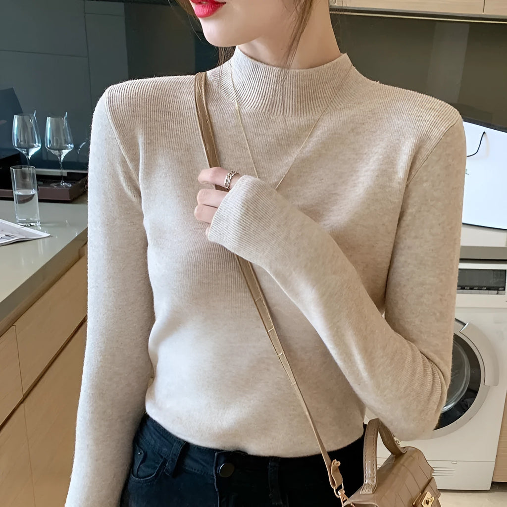 Viscose pullover top slim fit long sleeve in apricot colour showing front view