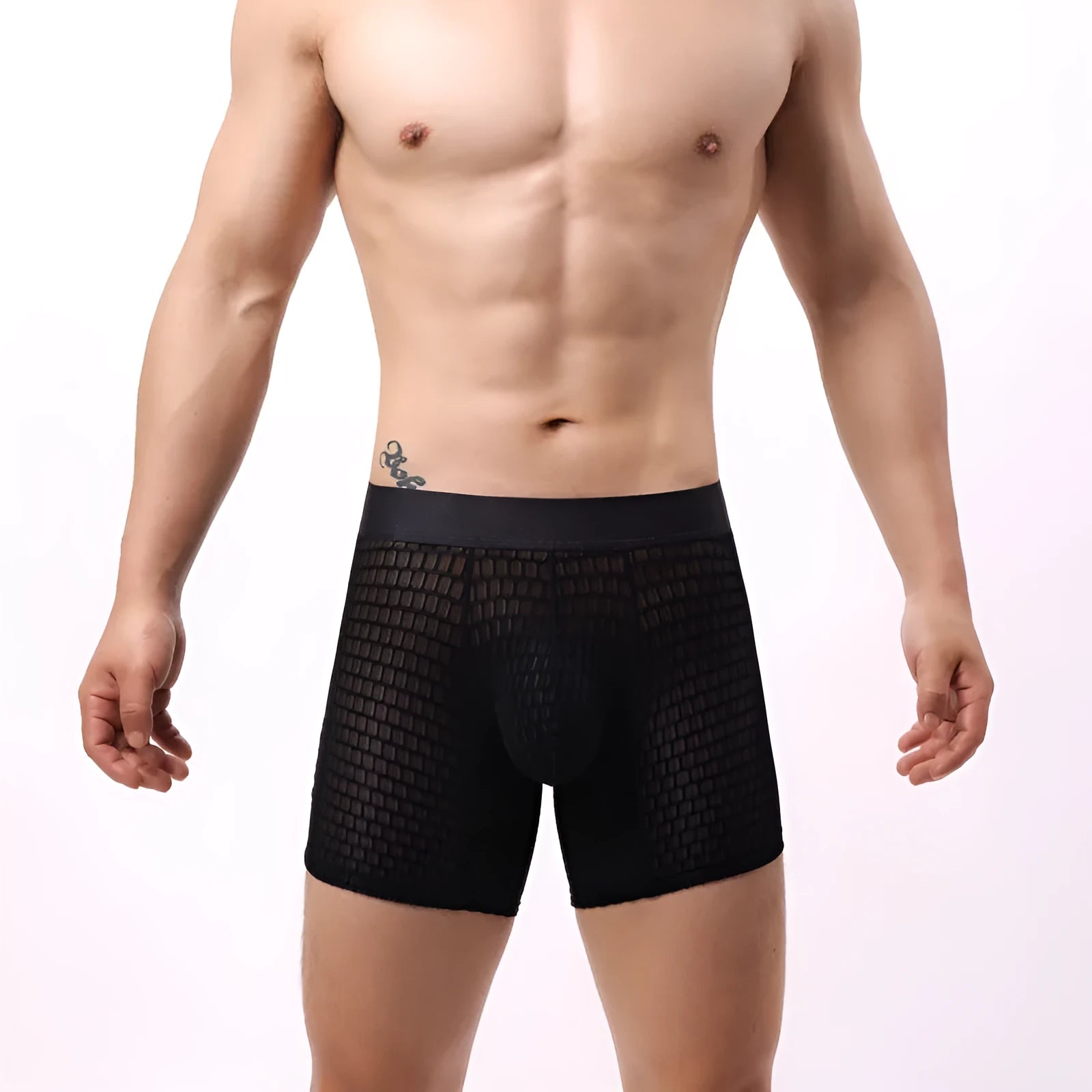 Men's lace mesh boxer shorts in black, white, red, green, or light purple with geometric pattern