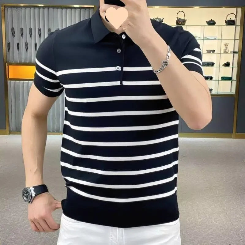 Black and white striped pullover T-shirt with a lapel-style neckline laid flat.