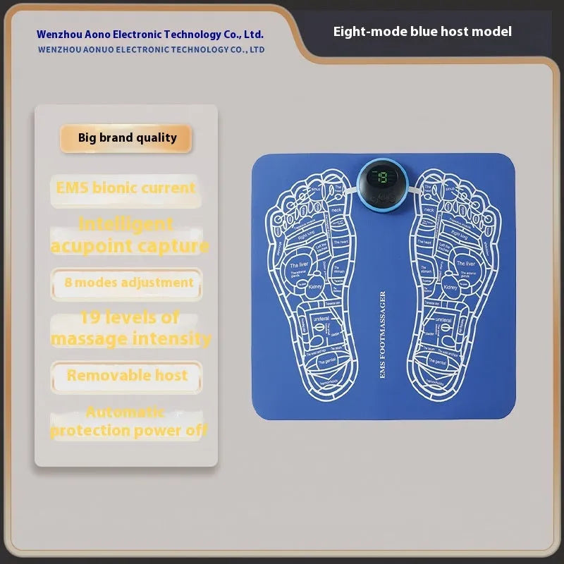 Blue reflexology foot massager mat with USB charging cable and remote control