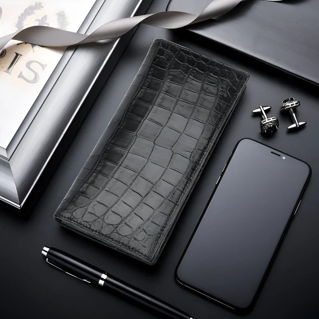 Men's black genuine leather business wallet with card and coin slots on white background