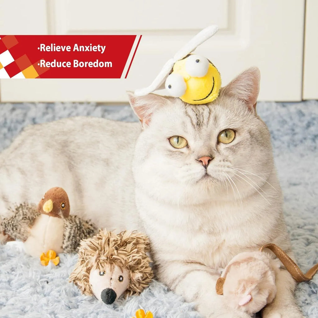Yellow bee-shaped flannelette cat toy with motion-activated squeaking electronic components