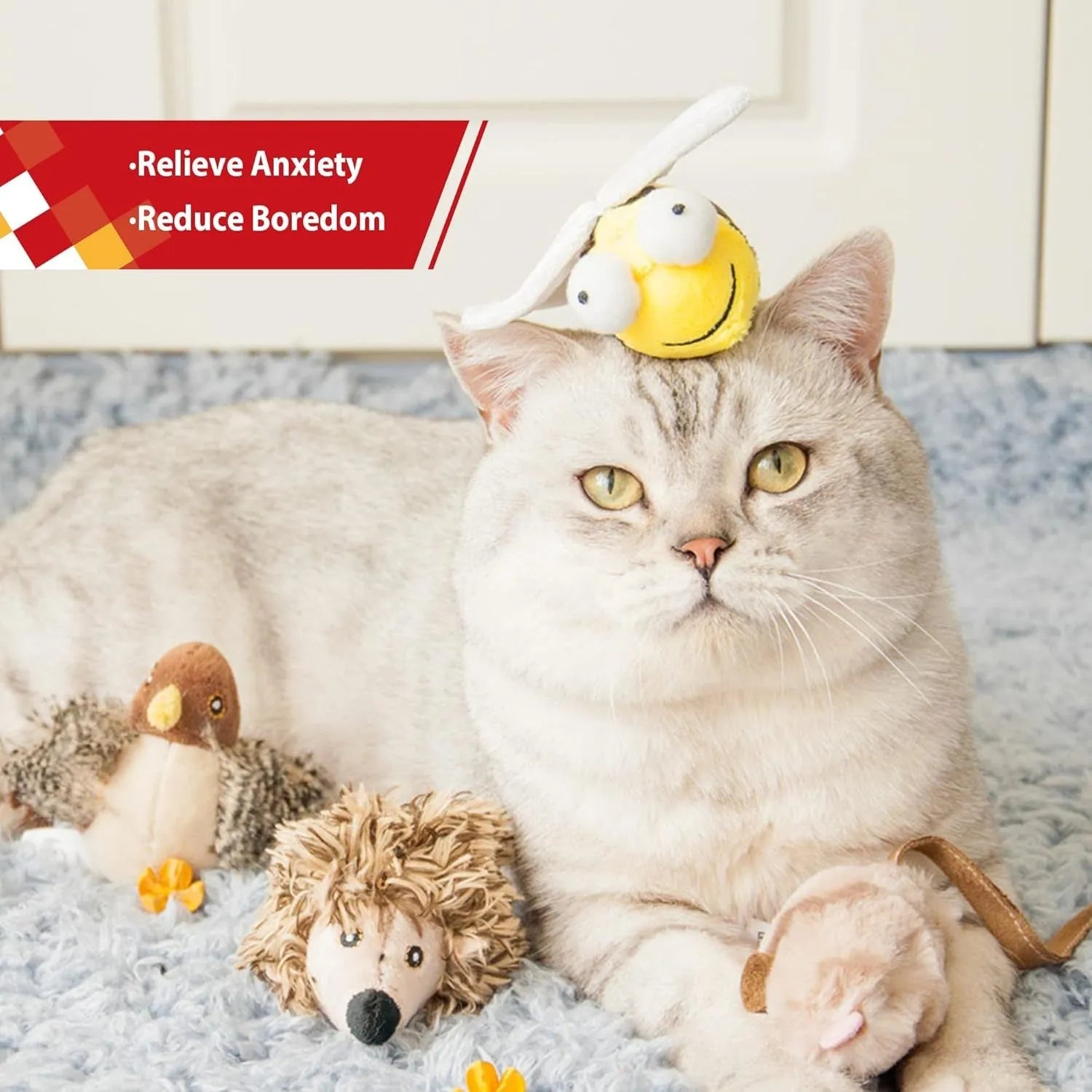 Yellow bee-shaped flannelette cat toy with motion-activated squeaking electronic components