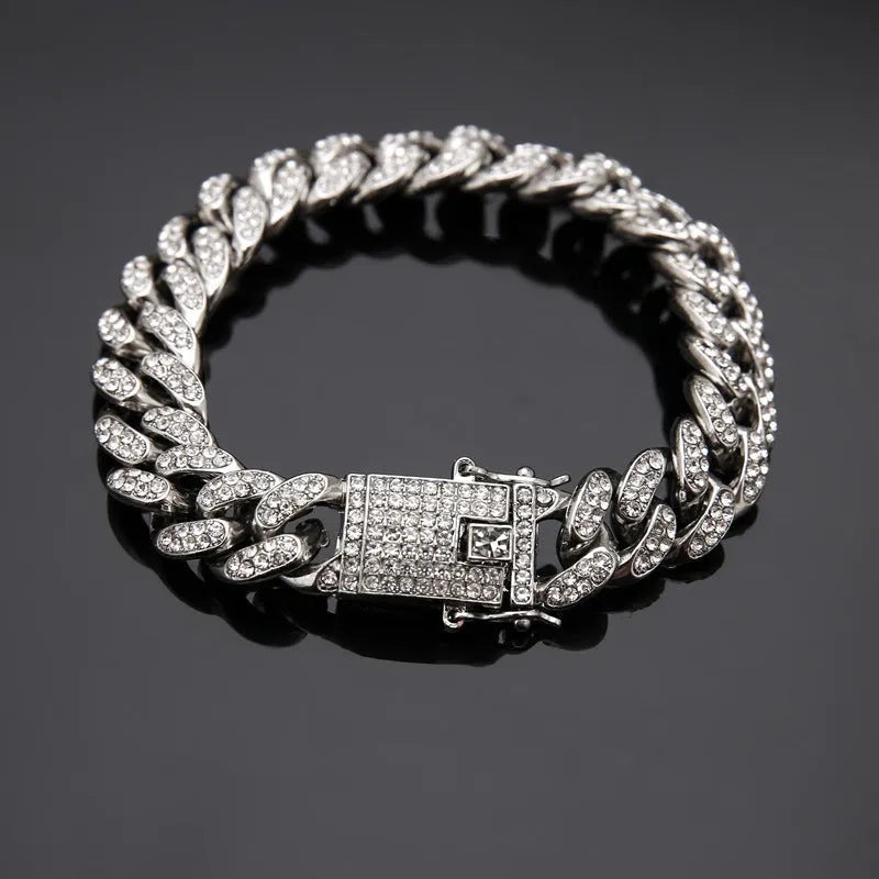 Cuban bracelet diamond link chain unisex hiphop jewellery alloy 21cm gold silver