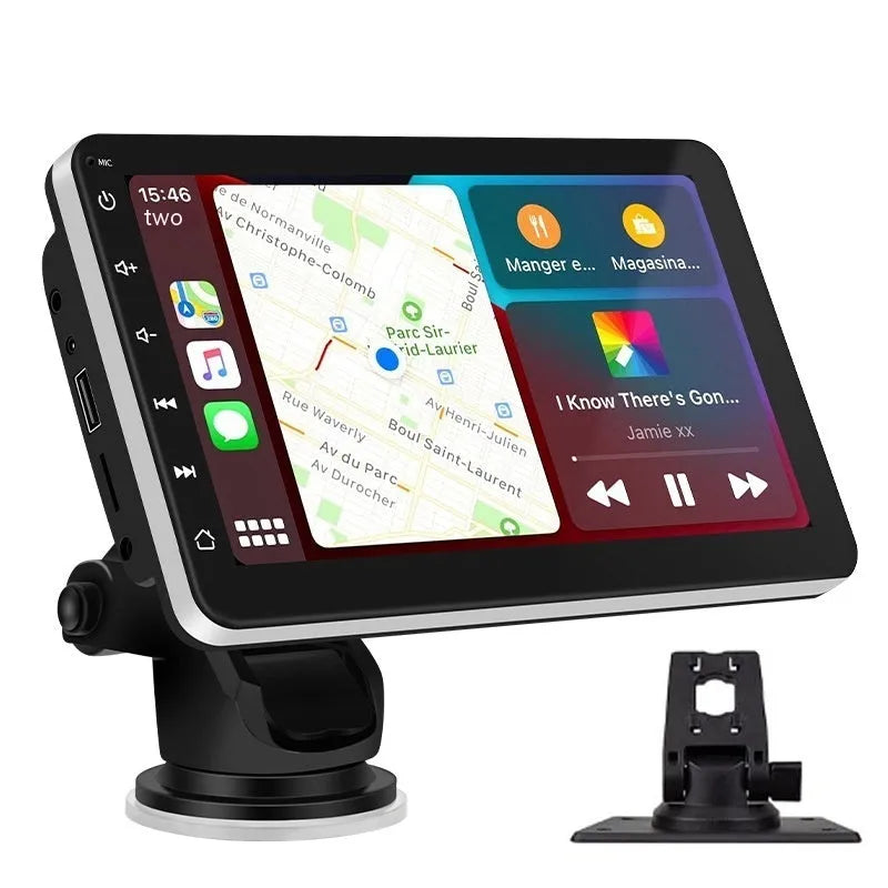 7-inch car GPS navigator with wireless CarPlay and reversing camera on dashboard with suction cup mount