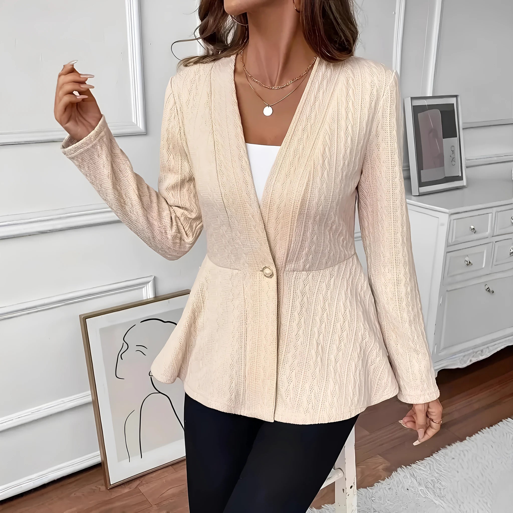 Women's apricot jacquard knit cardigan with single button front and regular long sleeves