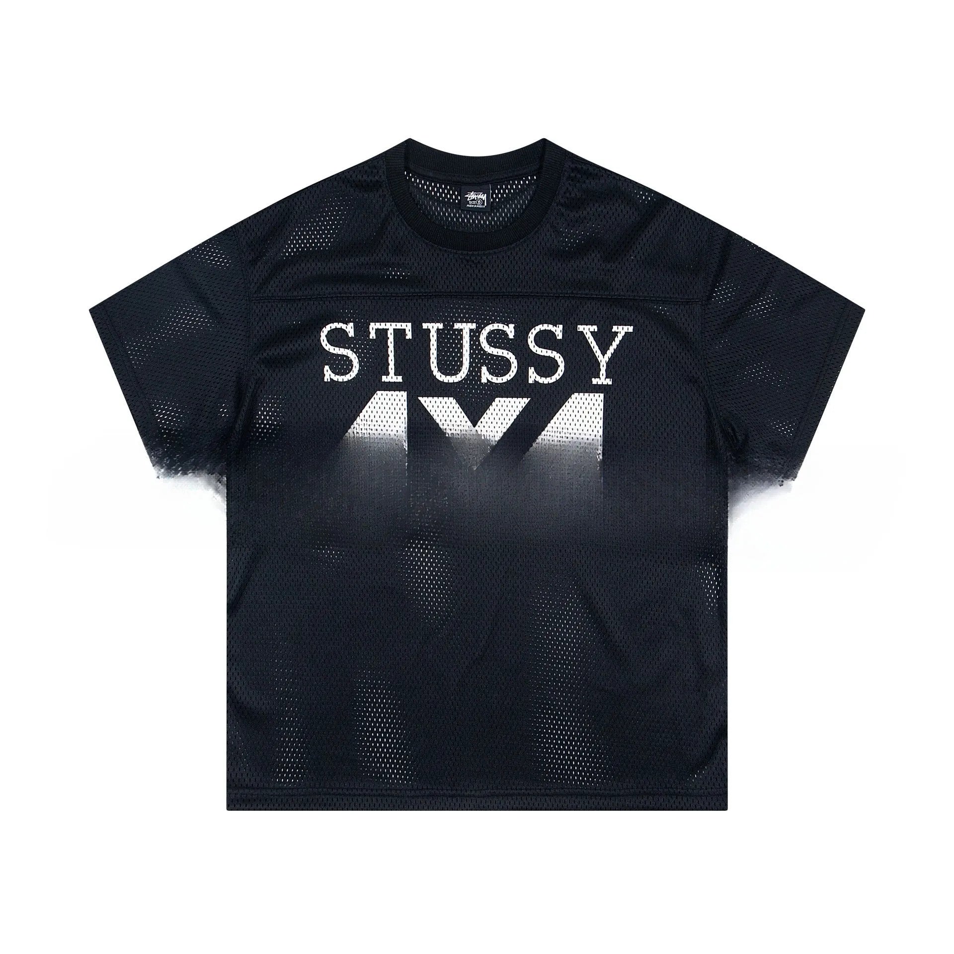Cotton sports jersey letter print short sleeve pullover in black, loose fit, front view