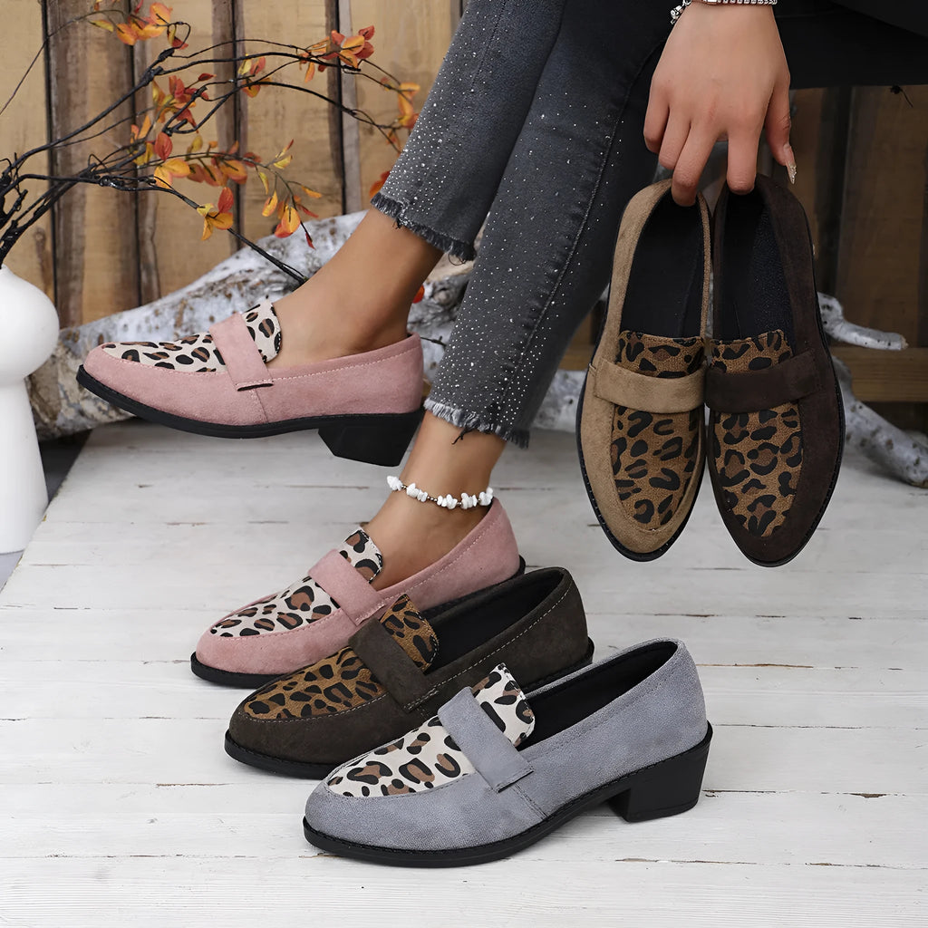 Leopard print suede slip-on shoes with a chunky heel and pointed toe in brown colour