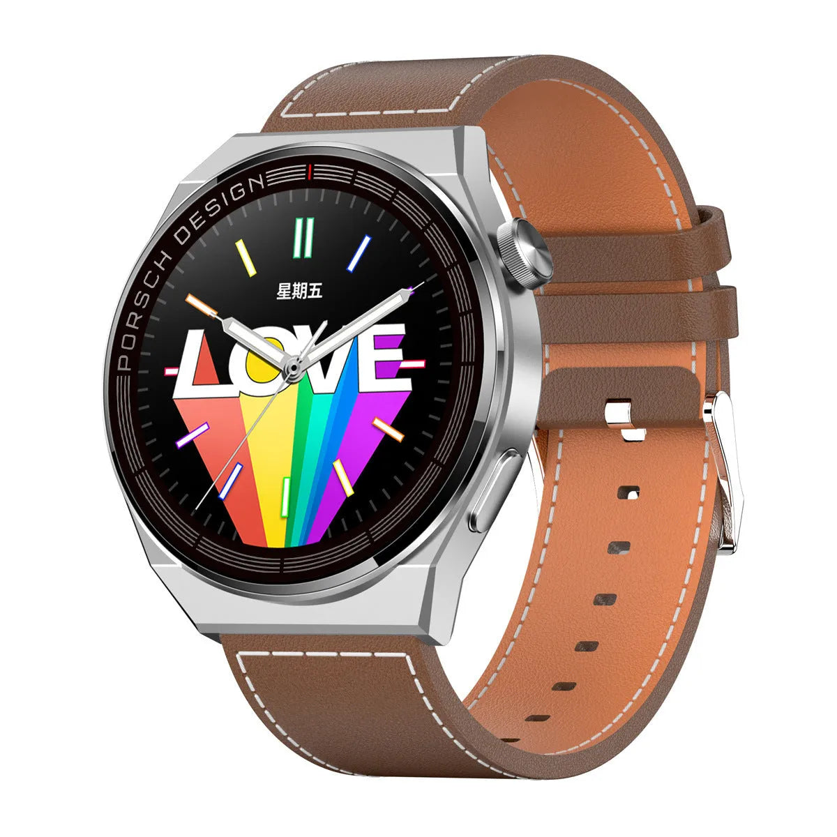 Smartwatch with 1.39 inch glass screen, black shell, black silicone strap, showing step counter screen