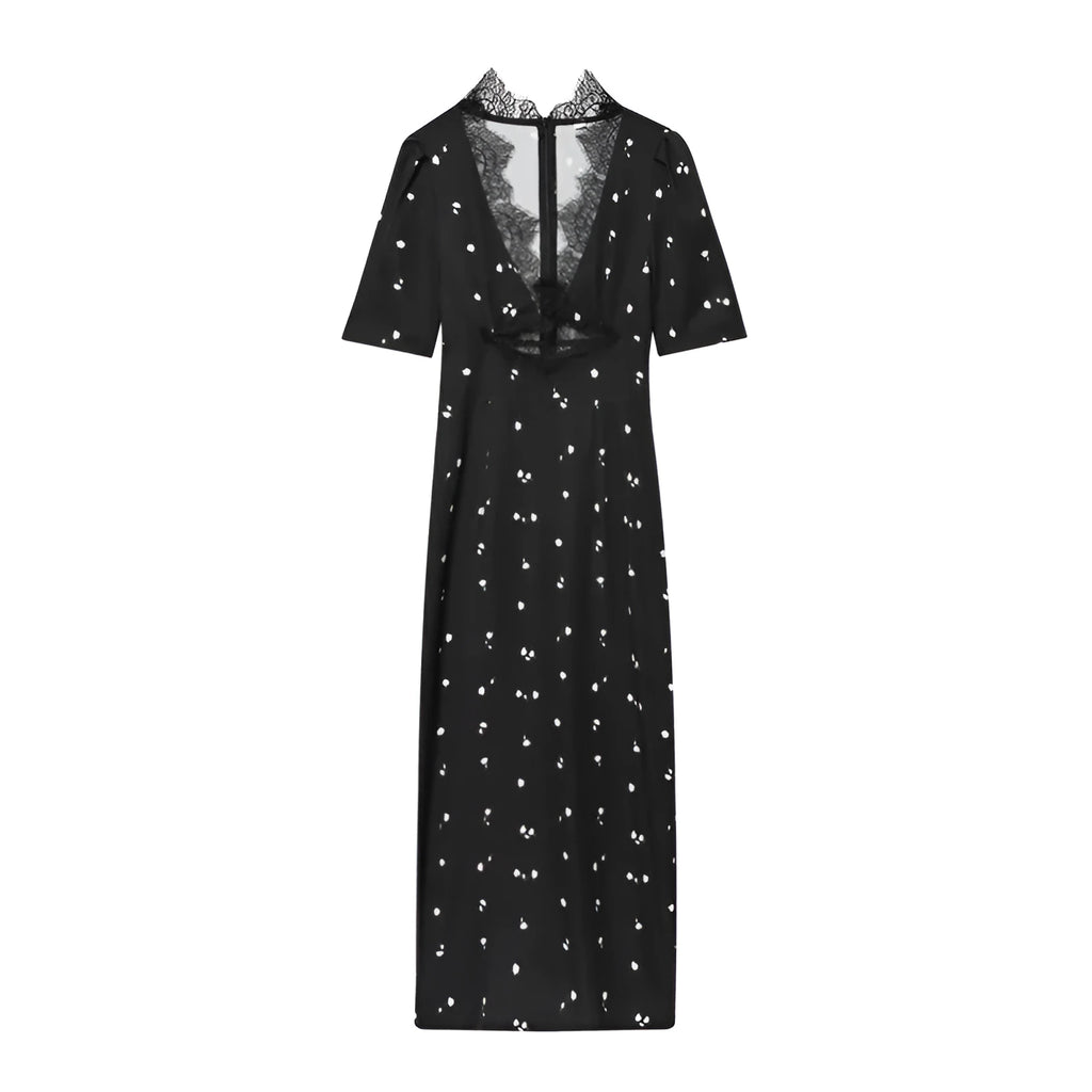 women's lace V-neck patchwork puff sleeve dress in mercerised cotton with stripes and plaid