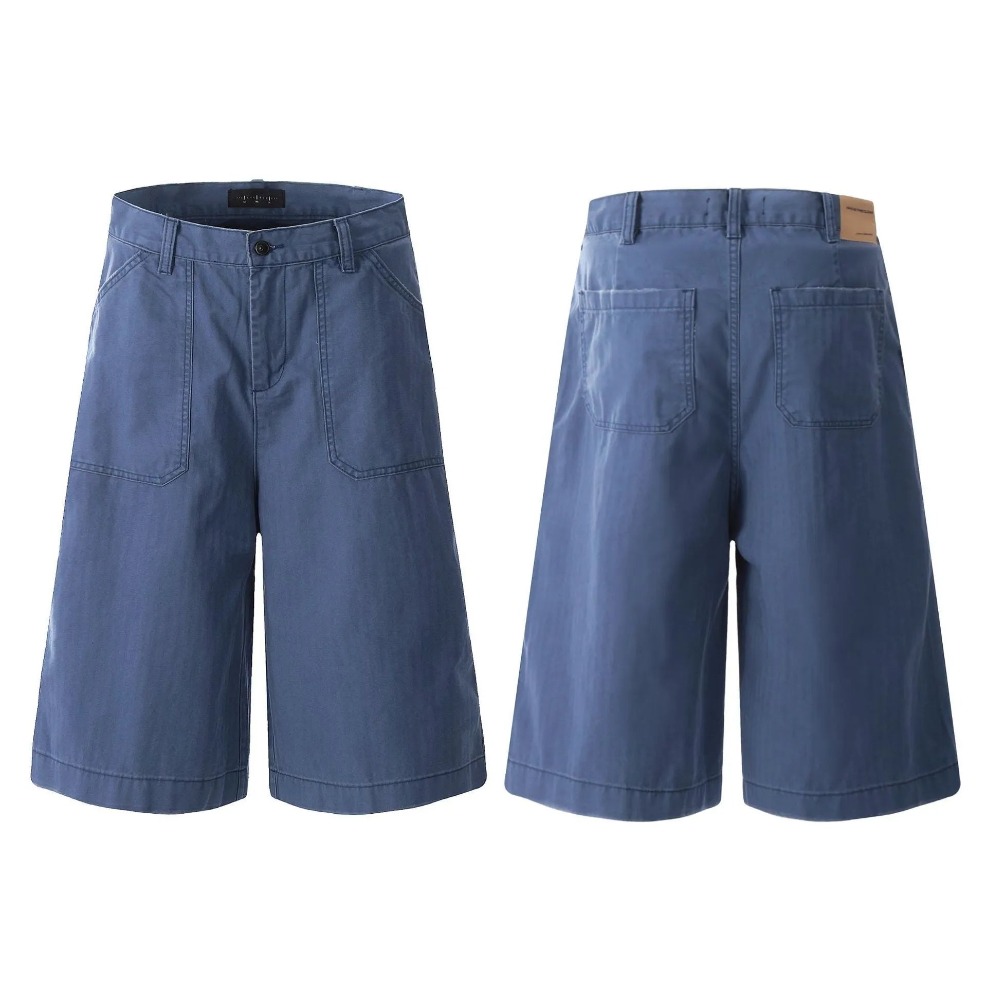 Men's French Blue cotton straight fit shorts with zipper fly on a plain background