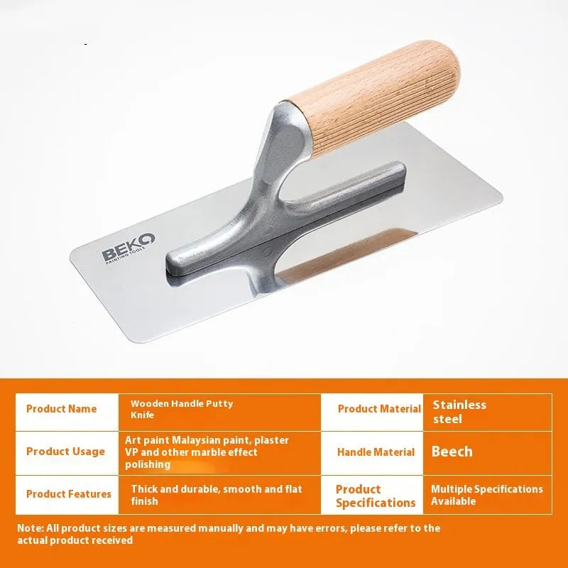 Stainless steel putty scraper with wooden handle for applying filler to walls and floors.