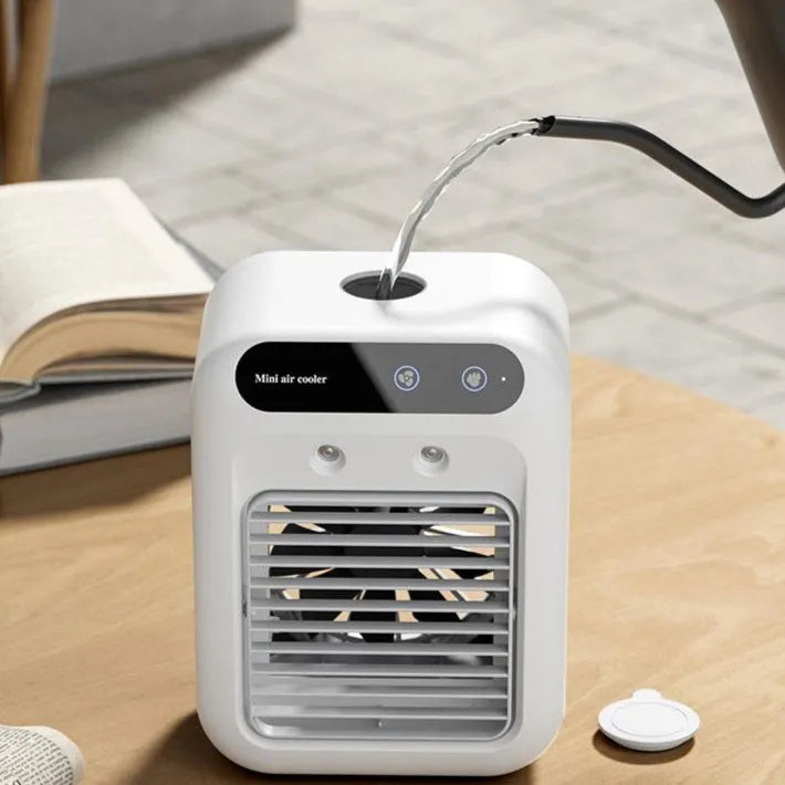 Ivory white portable air cooler with water cooling and atomization, USB powered, touchscreen control, 25W